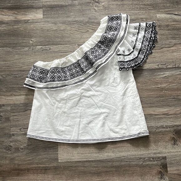 NWT Parker NY Mary One Shoulder Embroidered Navy and White Top Medium - Picture 2 of 4